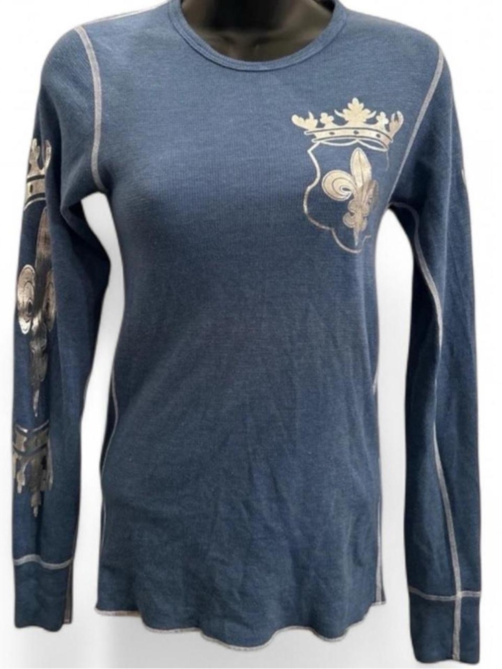 Y2K Vintage 2BFree blue long sleeve thermal waffle shirt w/ silver foil graphic